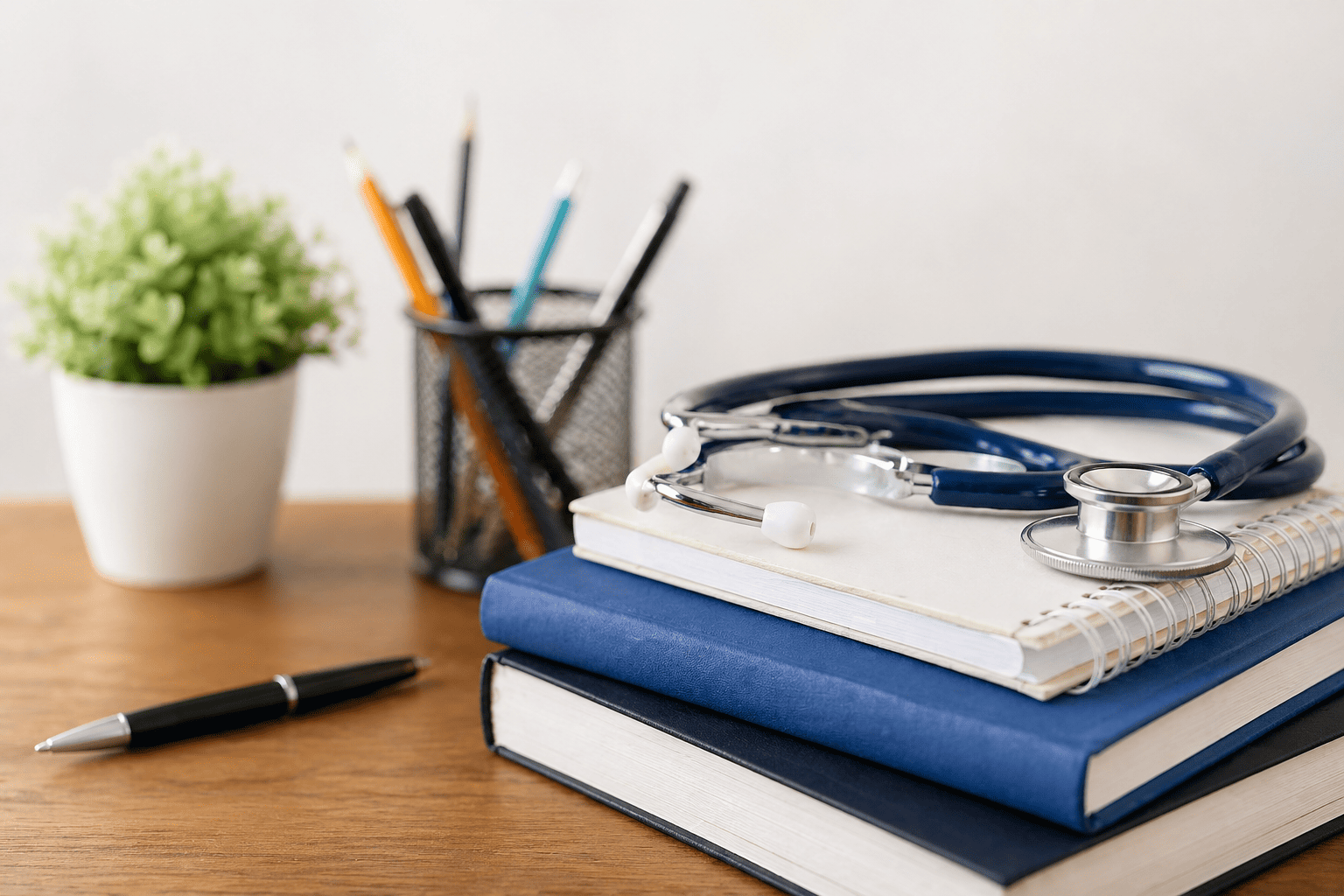Medical study setup with books, stethoscope, and notebook on a desk
